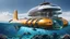 Placeholder: An unique futuristic glass and metal submarine in the ocean, with large of water surrounding it. The submarine bottom positioned in the center of the frame, providing a unique perspective on this streamlined high-techstructure and interior equipment underwater, high detalied, sharp focus, best shot, sci-fi mood