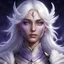 Placeholder: Generate a dungeons and dragons character portrait of the face of a beautiful female cleric of peace aasimar blessed by the goddess Selune. She has white hair and is surrounded by moonlight. She has pale purple eyes. She has some white feathers in her hair.