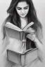 Placeholder: Pencil sketch of Young woman, Arab features,sad, long wavy hair, reading a book, full body، on lined paper