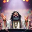 Placeholder: airbrush with pen outline, cartoon, anime, saddam husssain as cult leader hippie on stage raised hands having fun in a festival in the 60s, goa psy ambient in the style of vangelis and fsol, source vibrations, bokeh like f/0.8, tilt-shift lens 8k, high detail, smooth render, down-light, unreal engine, prize winning