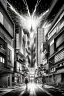 Placeholder: multiple explosions, buildings of Tokyo greyscale