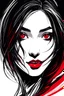 Placeholder: Scratchy pen strokes, blind contour, fisheye perspective closeup, beautiful girl vampire face in darkness, stark hatch shaded sketchy scribbly, ink, strong angular shapes, woodcut shading, pen strokes, cute smile, sexy eyes, minimalist realistic, anime proportions, distorted perspective, some red colors