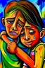 Placeholder: a girl hug her brother and both crying sadly, expressionism, Pixar style, in abstract art Basquiat, Picasso, Miro, Kandinsky, Klee, Birell, Fairey, Ardon, Buffet and Picasso style, HD --s 750 --v 5.1 --style raw, water color