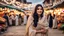 Placeholder: Hyper Realistic Beautiful Happy Pashto Woman with Beautiful-Kajal-Eyes & Long-Black Hair wearing Beige-Dress-&-White-Shawl in a market with garland-lights-&-some-shops with traditional environment at cloudy sunset showing dramatic & cinematic ambiance.