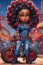 Placeholder: create a psychedelic style art illustration of the chibi cartoon character, a voluptuous black female in a blue jean outfit with biker boots. Her prominent makeup and hazel eyes, along with her detailed red bantu knots, are featured in this image, set against the background of a lively bike show.