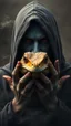 Placeholder: Portrait of aa evil gray skin male hooded Cary with both hands a head of a lizard in front. A lot of smoke on the background