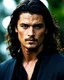 Placeholder: Orlando Bloom x Jason Mamoa as handsome beta male age 25 with shoulder length hair and a goatee. dark fantasy.