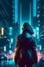 Placeholder: Noir, woman from the back silhouetted by neon lights facing empty night futuristic city in photorealistic style, cyberpunk, ice blue neon signs, street level view, raytracing, depth of field, cinematic, highly detailed, rim lighting