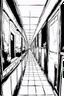 Placeholder: Corridor in the dark, lateral view, line arts, manga style