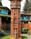 Placeholder: A light rosy orange colored mechanized fortress designed in pacific Northwest totem poles painted by Zosan