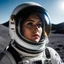 Placeholder: a close up on the helmet of a spacesuit on a moon, a woman reflected in the glass of his helmet