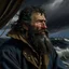 Placeholder: The large angry black haired bearded skipper "Boatsman" looking out at a stormy sea realistic grimdark