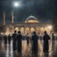 Placeholder: Hyper Realistic people praying outside Al-Aqsa mosque at dark rainy night