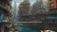 Placeholder: Water-level view of buildings made of reused dirty rusty metal on a futuristic canal junction, cyberpunk, many painted colours, flying boats, balconies, bridges, people, shopping, eating, walking, fifth element, ghost in the shell, altered carbon