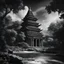 Placeholder: black and white dark black theme version temple trees and river