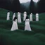 Placeholder: a group of women standing on top of a lush green hillside, inspired by Ren Hang, design milk, long black hair, whites, wanderers traveling from afar, trending on artisation, cloning spell, coat pleats, in twin peaks, submarine, by Helen Thomas Dranga, symetry, round-cropped, noire photo