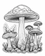 Placeholder: mushroom world minimalistic landscape. line art, background, vector, svg, coloring book page style, black outline on white background