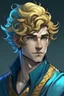 Placeholder: create a male water genasi from dungeons and dragons, golden short curly hair, dark blue eyes