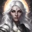 Placeholder: Generate a dungeons and dragons character portrait of the face of a female cleric of peace aasimar blessed by the goddess Selune. She has black and white hair and is surrounded by holy light