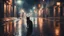 Placeholder: Night on a wet street of a city with lights, a cat far away stands on the pavement