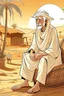 Placeholder: Old man, Arab, turban, white clothes, cattle, desert, council, sun, palm trees, mud houses, holding a stick, looking forward, a very slight smile.cartoon,Sitting on a chair