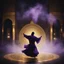 Placeholder: Hyper Realistic photographic-view of a Sufi Whirling with Golden & Purple Islamic Sufi Rustic Grungy-Black Background with thick-fog at dark-night outside an ancient Islamic architectural building with golden-sparkles-whirling showing dramatic & cinematic ambiance.