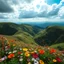 Placeholder: beautiful Green hills covered with flowers colorfull ,blue sky heavy clouds with godray ,very nice flowers at closeup ,wonderfull mountains at distance,beautiful lady clibming at hills full body shot