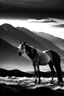 Placeholder: caballo en las montañas mendocinas, blanco y negro en un amanecer al estilo de caloi