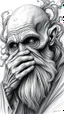 Placeholder: 𝙋𝙧𝙤𝙢𝙥𝙩 highly detailed graphite illustration, A surreal old woman figure with exaggerated anatomical features, heavily wrinkled skin, and an intense, contemplative expression. bald head, thick eyebrows, long beard merge into swirling abstract shapes. Large, expressive hands, one covering the mouth and the other gripping the forehead tensely. Mysterious, introspective, dreamlike, somewhat dark fantasy. #𝙙𝙧𝙚art #prompt