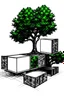Placeholder: Metabolism concept sketch, black and white and green, Tree truck empty as a circulation red line- top of the trees as a cubes