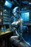 Placeholder: A digital painting by Kuniyoshi and Hajime Sorayama of a beautiful gynoid inside a cyberpunk bar.