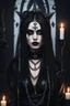 Placeholder: minimalism,amazingly beautiful fashion gothic girl black makeup closeup portrait covered in black lathered custom and heavy metal style , charm chains and candles in the background