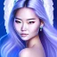 Placeholder: portrait of a beautiful mongolian woman with an angel face smiling,long blond hair, blue eyes, pink and blue dress, jewels, soft light aura