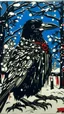 Placeholder: A contemporary serigraphy by Matisse of a human-like crow adorned in a punk leather jacket within a snowy Christmas atmosphere.