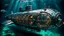 Placeholder: An extreme cyber steampunk glass and metal submarine in the ocean, with large of water surrounding it. The submarine bottom positioned in the center of the frame, providing a unique perspective on this streamlined high-techstructure and interior equipment underwater, high detalied, sharp focus, best shot, sci-fi mood