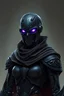 Placeholder: Female Warforged robotic assassin, with four slitted glowing purple eyes, no mouth, cloak, wearing dark black armor covered in runes, medieval style, dungeons and dragons