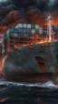 Placeholder: ,surrealism of the dark of a nightmare , hyper photorealistic, hyper detailed dark art color, high resolution, fog, octane render, tilt shift, HDRI Environment, all pictures dark gray, a submarine on fire
