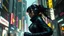 Placeholder: cyber-goth warrior woman in black makeup, black cyber-goth clothes runs in matrix city, left profile , utopistic scifi, dark colors, random matrix city background, high detailed, high realistic