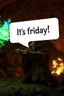 Placeholder: speech bubble in front with weird font saying "Its friday!" fast killer glowing ball closeup demi-lich in background, magic swirl, strong winds, true grit, reggae rasta native stand off fast draw poncho cowboy wizard on knees hurt punching green and blue fire ball whip while taking sight wand slinger, in flame lit cave ,bokeh like f/0.8, tilt-shift lens 8k, high detail, smooth render, down-light, unreal engine