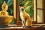 Placeholder: Elegant feline, oil painting, impressionism style, stunning slender Siamese cat in a window in Thailand observing Buddha statue, beautiful, artistic, detailed