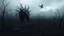 Placeholder: close in center weird crepy bird creature and and far away on sky different small dark crepy birds surreal thriller vibe trees in alternative surreal barren, dry, gloomy world, nightmare in abyss, deep vortex, black, gray, purple, brown, silver, dark red colors, surreal, weird dark fantasy, deep dark colors, sharp lines, crepy stunning, high detalied, weird, fog, shadows, realistic, surreal, highly detailed, melancholic thriller mood