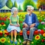 Placeholder: whimsical folk art. caricatures. old couple, wrinkled skin, wearing big glasses, gray hair, wearing casual clothes sitting holding hands happy smile morning. sitting on a park chair flower garden. meadow. Bright colour. flowers. tall grass. acrylic oil paint.