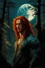 Placeholder: Attractive male, (he looks like Gwilym Pugh) long red curly hair, chiseled, handsome, freckles, perfect face, hyperdetailed eyes and an athletic, masculine body, under a painted neblua sky, full moon; deep forest, spooky ambiance, by gaston bussiere, craig mullins, j. c. leyendecker