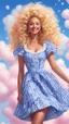 Placeholder: an impossibly tall woman with curly golden hair piled atop her head, wearing an intricately decorated blue and white gingham dress. She towered above you, a gentle smile playing at the corners of her bright blue eyes as she peered down at you. surrounded by fluffy cotton-candy clouds