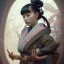 Placeholder: storybook illustration of cute little tengu yokai girl, raven-black hair, wearing a kimono, digital painting, pastel, illustration, art by artgerm and greg rutkowski and alphonse mucha, procreate, epic, fantastic, featured on cgsociety.art by Greg Rutkowski, Alphonse Mucha, Artgerm