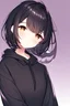 Placeholder: A girl with shoulder-length black hair, dressed in a black hoodie with black and purple striped sleeves, she has brown eyes and she is crying