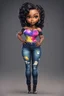 Placeholder: create a colorful abstract digital art image 8k of a chibi curvy black female wearing torn jeans pants and a black-tie dye off the shoulder blouse. Prominent make up with hazel eyes. Highly detailed long wavy sleek ponytail