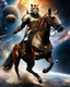 Placeholder: Realistic photography take photoshoot full body from far,front view of a humanoid warrior tiger wearing clothing armor golden ,on riding a black horse , flying in space, on galaxy surrounded by planets