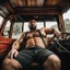 Placeholder: photography of a burly truck beefy driver at rest in truck, inside cab, shirtless, sweaty, massive with tattoos and short beard, Romanian, muscular, male chest, seen from below