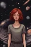 Placeholder: flat slender woman with brownish red hair walks between the galaxies